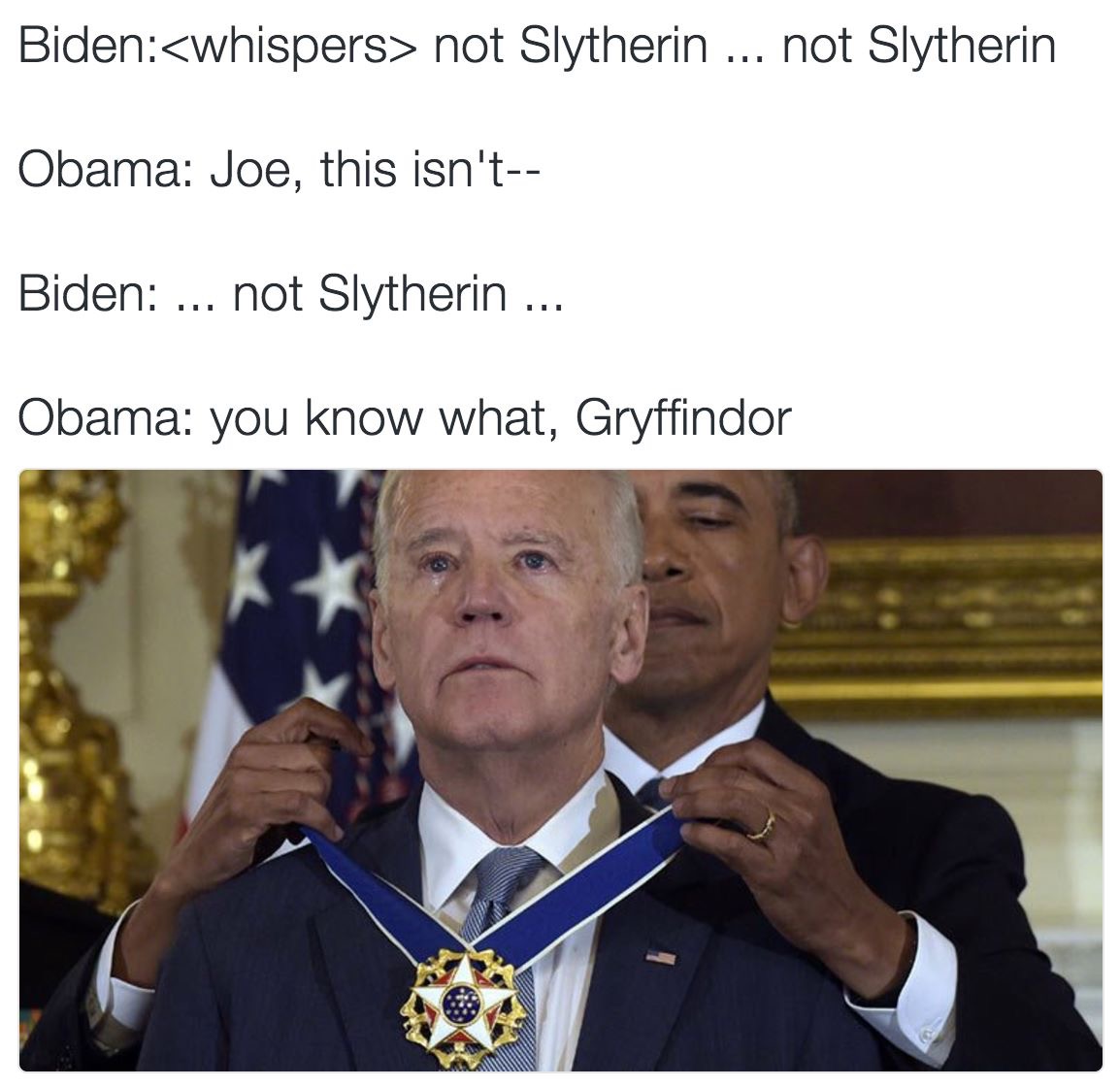 joe biden harry potter meme - Biden not Slytherin ... not Slytherin Obama Joe, this isn't Biden ... not Slytherin ... Obama you know what, Gryffindor