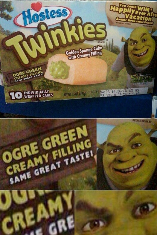 shrek memes funny - You could Win Happily Ever Afte Vacation & other Shrektastic Prizes! CHostess Brand Twinkies Golden Sponge Cake with Creamy Filling Ogre Green Shrek Same Great Individually Wrapped Cakes Nethe 1502. 125 MAY26 $4.26L8 $3.99 51214 5 10 O