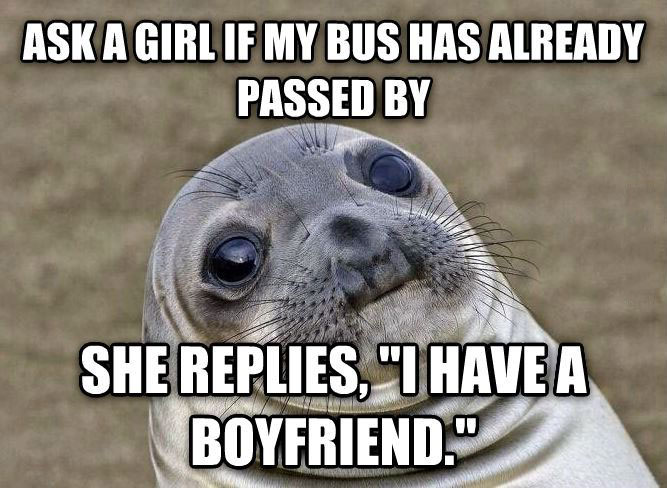 Lonely seal meme about asking girl if bask has already passed and she says sorry, I have a boyfriend