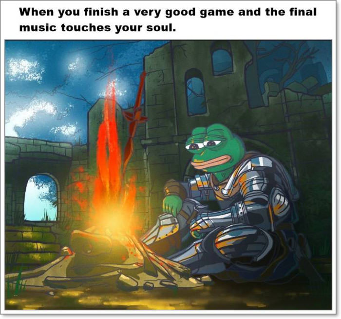 Pepe meme about finishing a good game and the music touches your soul