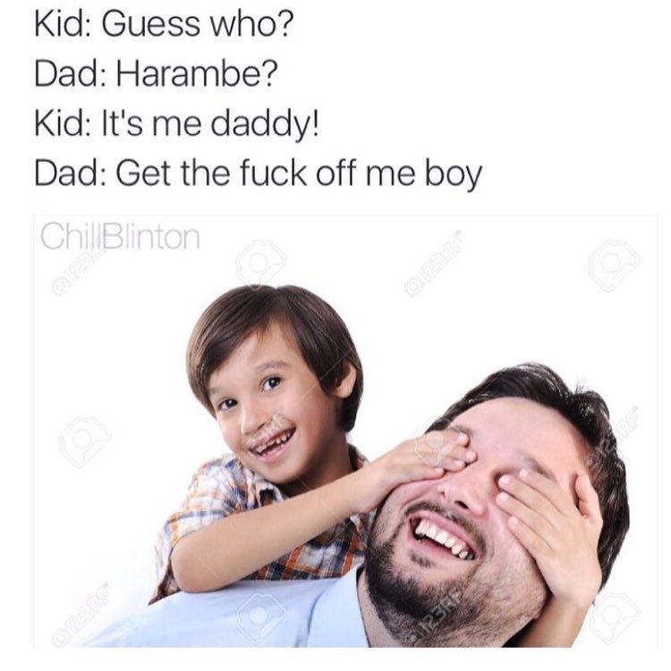 memes - Son - Kid Guess who? Dad Harambe? Kid It's me daddy! Dad Get the fuck off me boy ChillBlinton
