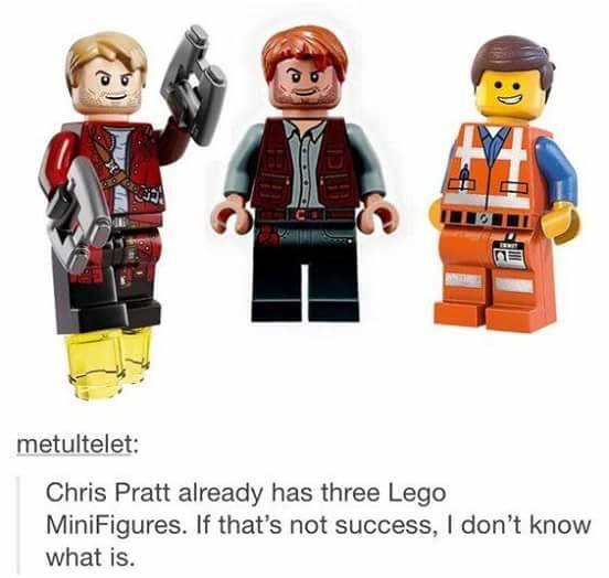 chris pratt lego - Oe metultelet Chris Pratt already has three Lego Minifigures. If that's not success, I don't know what is.