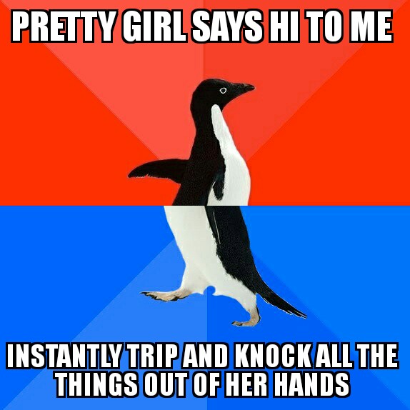 socially awkward penguin - Pretty Girlsays Hi To Me Instantly Trip And Knockall The Things Out Of Her Hands