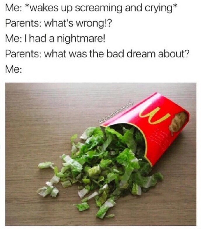 memes - mcdonalds lettuce - Me wakes up screaming and crying Parents what's wrong!? Me I had a nightmare! Parents what was the bad dream about? Me Carlsthinkimfunny