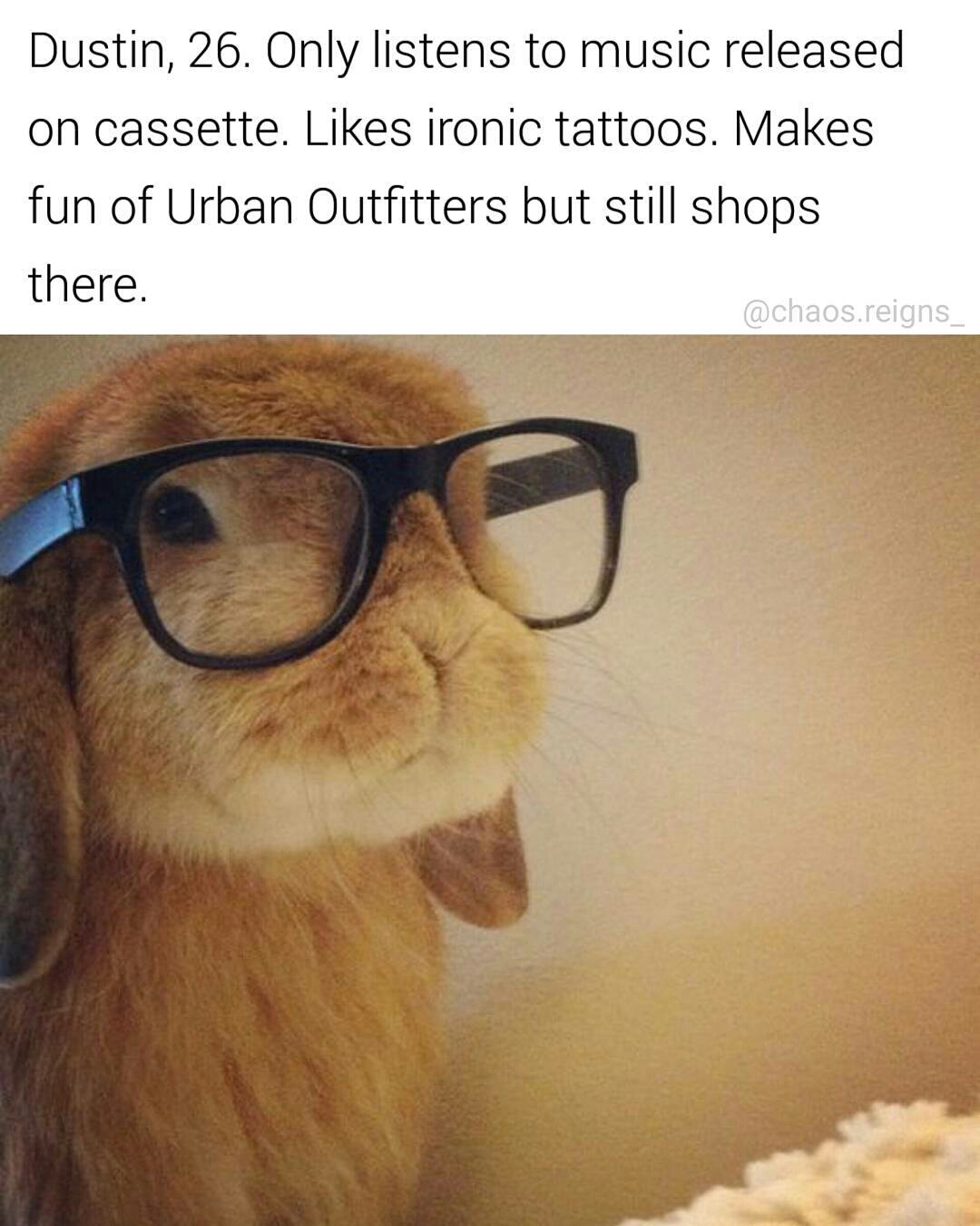 glasses bunny - Dustin, 26. Only listens to music released on cassette. ironic tattoos. Makes fun of Urban Outfitters but still shops there. .reigns