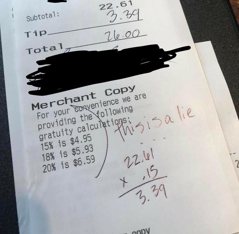infuriating writing - Subtotal 22.61 3.39 Tip Total 26.00 Merchant Copy For your convenience we are providing the ing gratuity calculations 15% is $4.95 18% is $5.93 20% is $6.59 I this is a lie 22.61 x 15 3.39 Cody