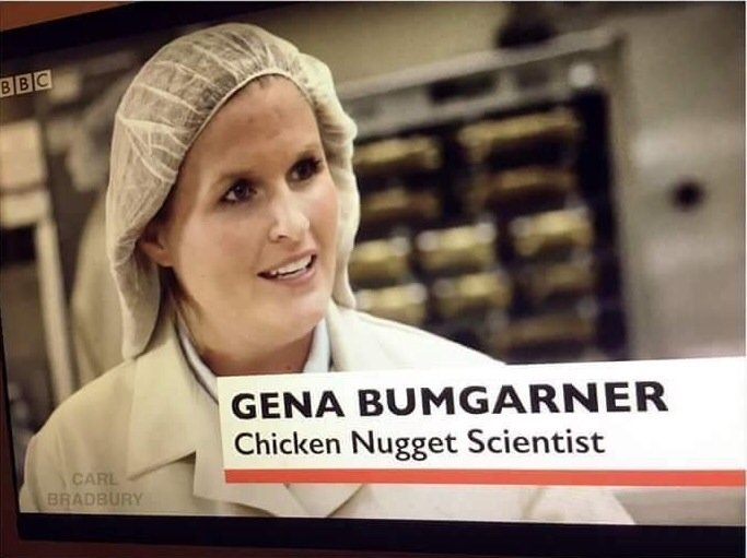 Screen grab of BBC interviewing Gena Bumgarner, a Chicken Nugget Scientist