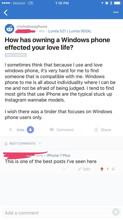 Post about how owning a Windows Phone effects your love life.