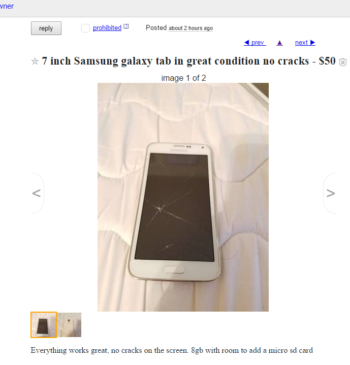 Craigslist post selling a used phone that is not cracked at all, especially on the screen, that is totally cracked.