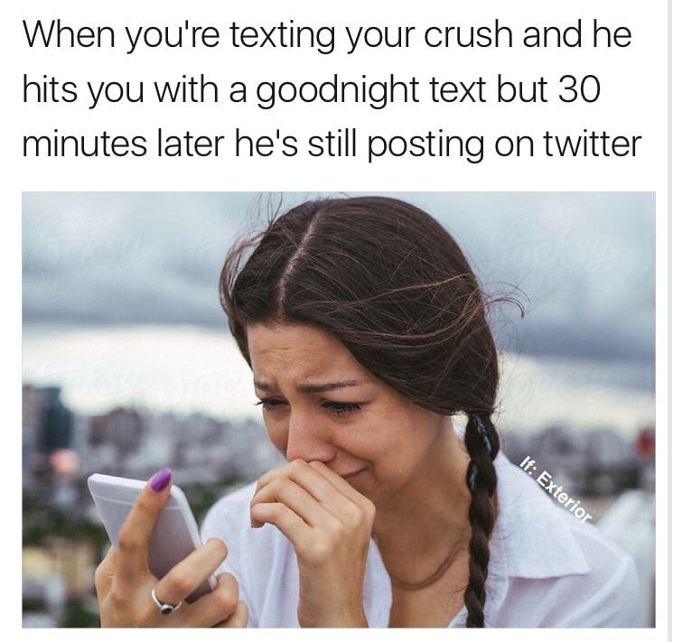 texting your crush meme - When you're texting your crush and he hits you with a goodnight text but 30 minutes later he's still posting on twitter If Exterior