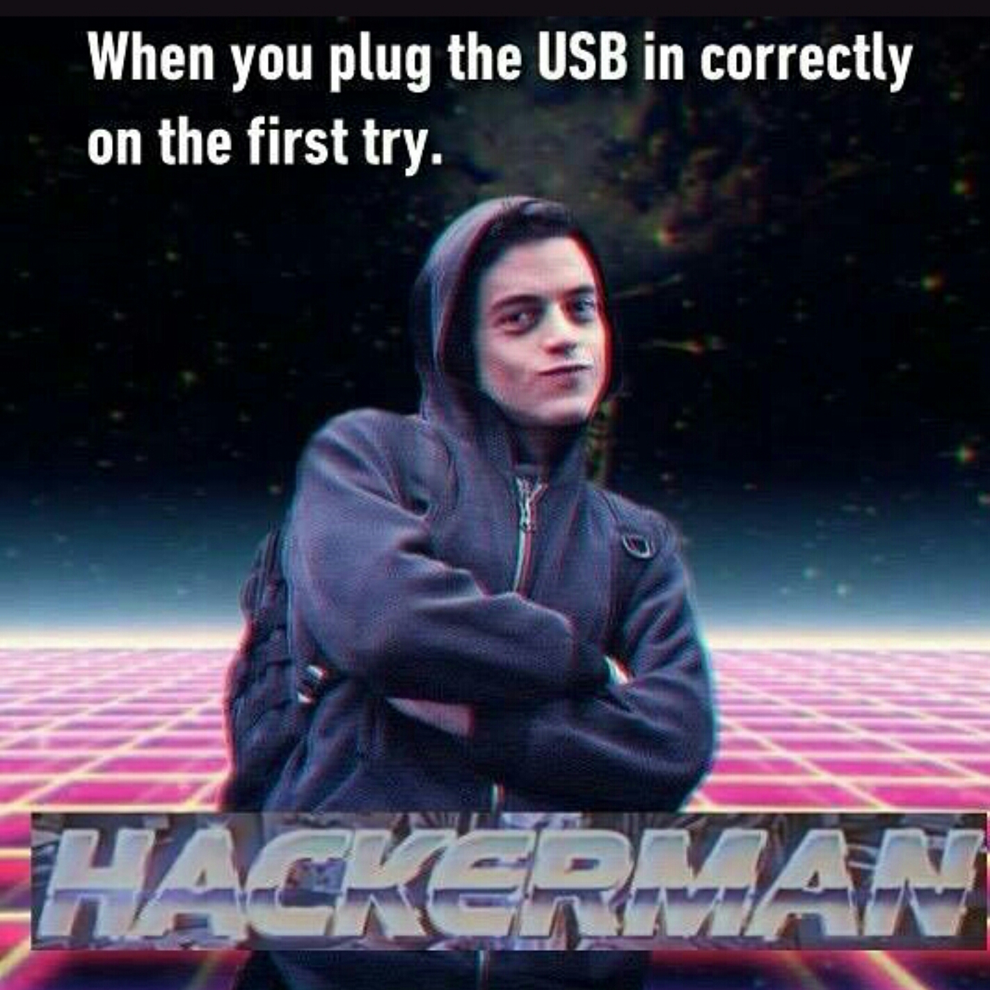 rami malek hacker meme - When you plug the Usb in correctly on the first try. Hackermann