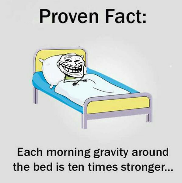good night be like bro - Proven Fact Each morning gravity around the bed is ten times stronger...