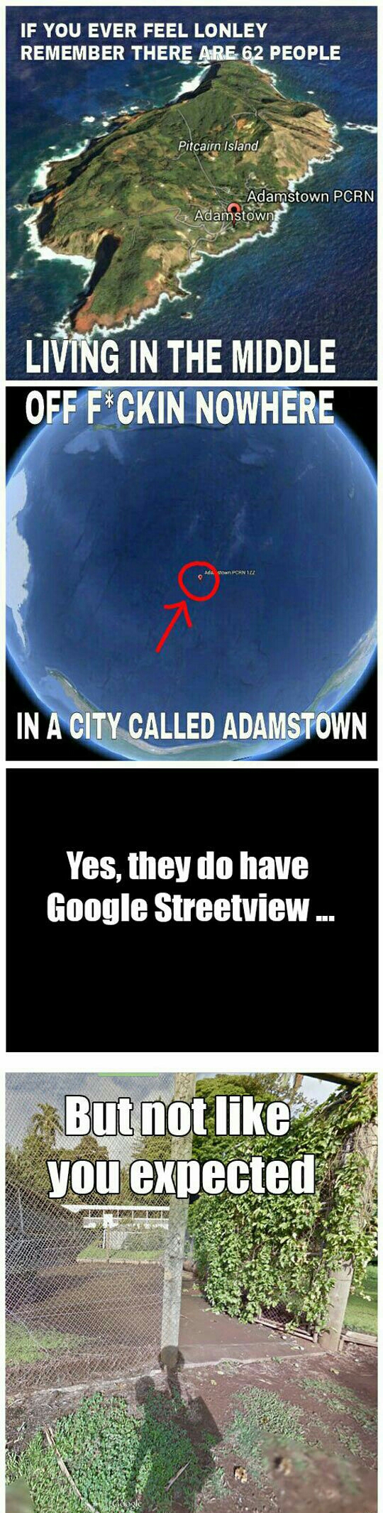 meme island pitcairn - If You Ever Feel Lonley Remember There Are 52 People Living In The Middle Off Fckin Nowhere In A City Called Adamstown Yes, they do have Google Streetview. But not you expected