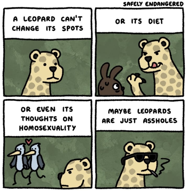 leopard won t change its spots - Safely Endangered A Leopard Can'T Change Its Spots Or Its Diet Or Even Its Thoughts On Homosexuality Maybe Leopards Are Just Assholes