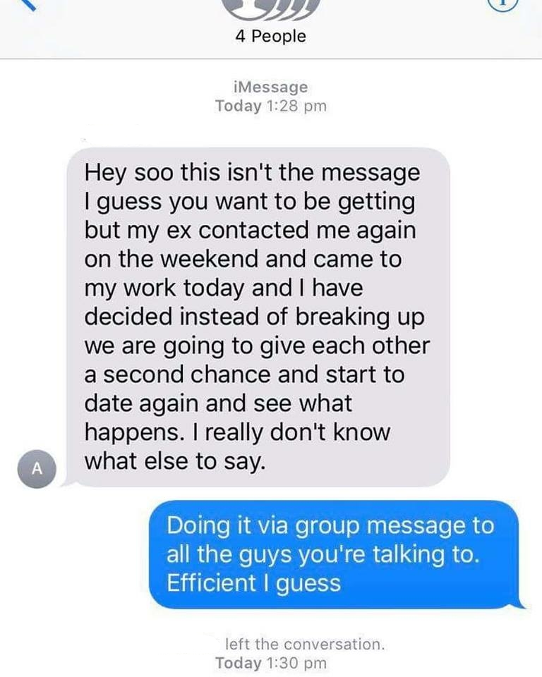 Cringe message of a woman who is getting back together with her ex and sent out a group message to all the guys she was seeing.