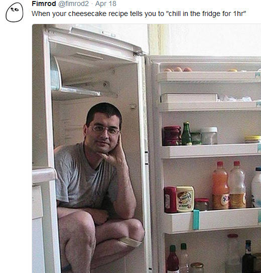 man sitting in fridge - Fimrod Apr 18 When your cheesecake recipe tells you to "chill in the fridge for 1hr"