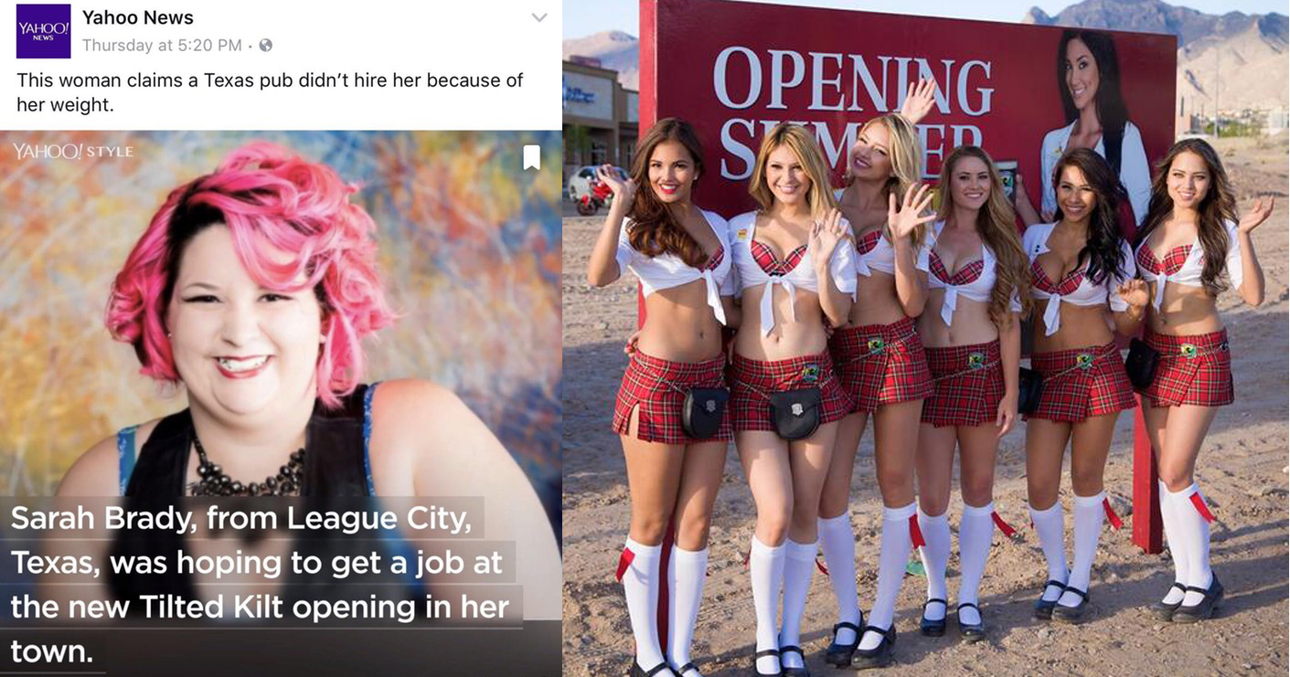 tilted kilt el paso - Yahoo News Yu.Co Thursday at This woman claims a Texas pub didn't hire her because of her weight. Opening Sevec Sarah Brady, from League City, Texas, was hoping to get a job at the new Tilted Kilt opening in her town.