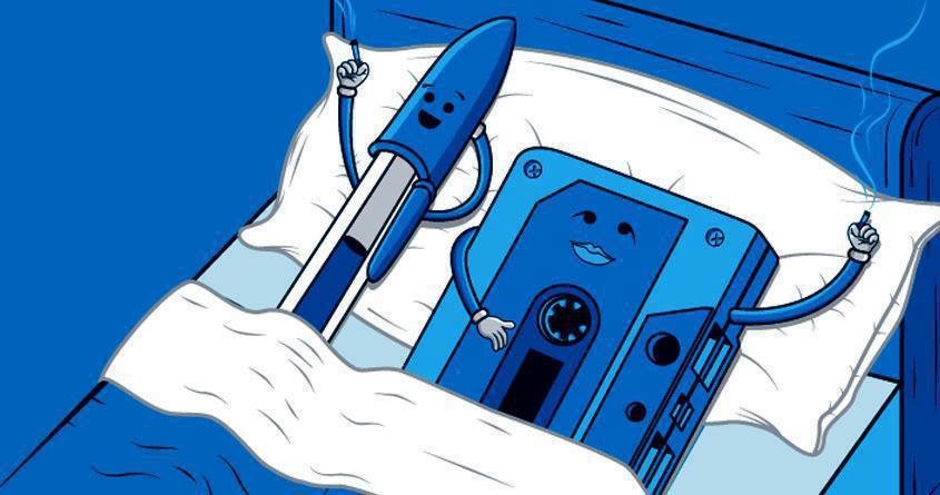 Silly cartoon but still a funny picture of a pen and cassette tape in bed after the act.