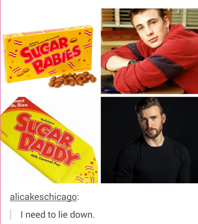funny meme of picture of Chris Hemsworth as a young sugar baby and now as a sugar daddy