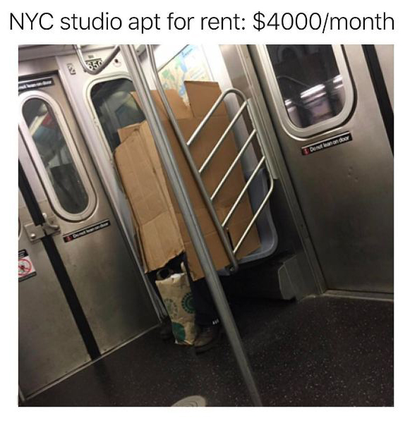 funny picture of someone with a cardboard house on the subway and caption joking about the rent price