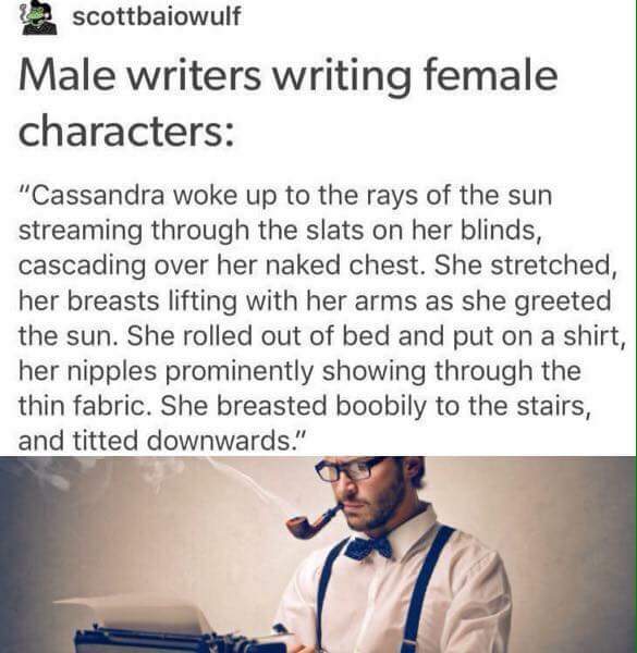 funny screenshot of a slightly exaggerated joke about how men write female characters