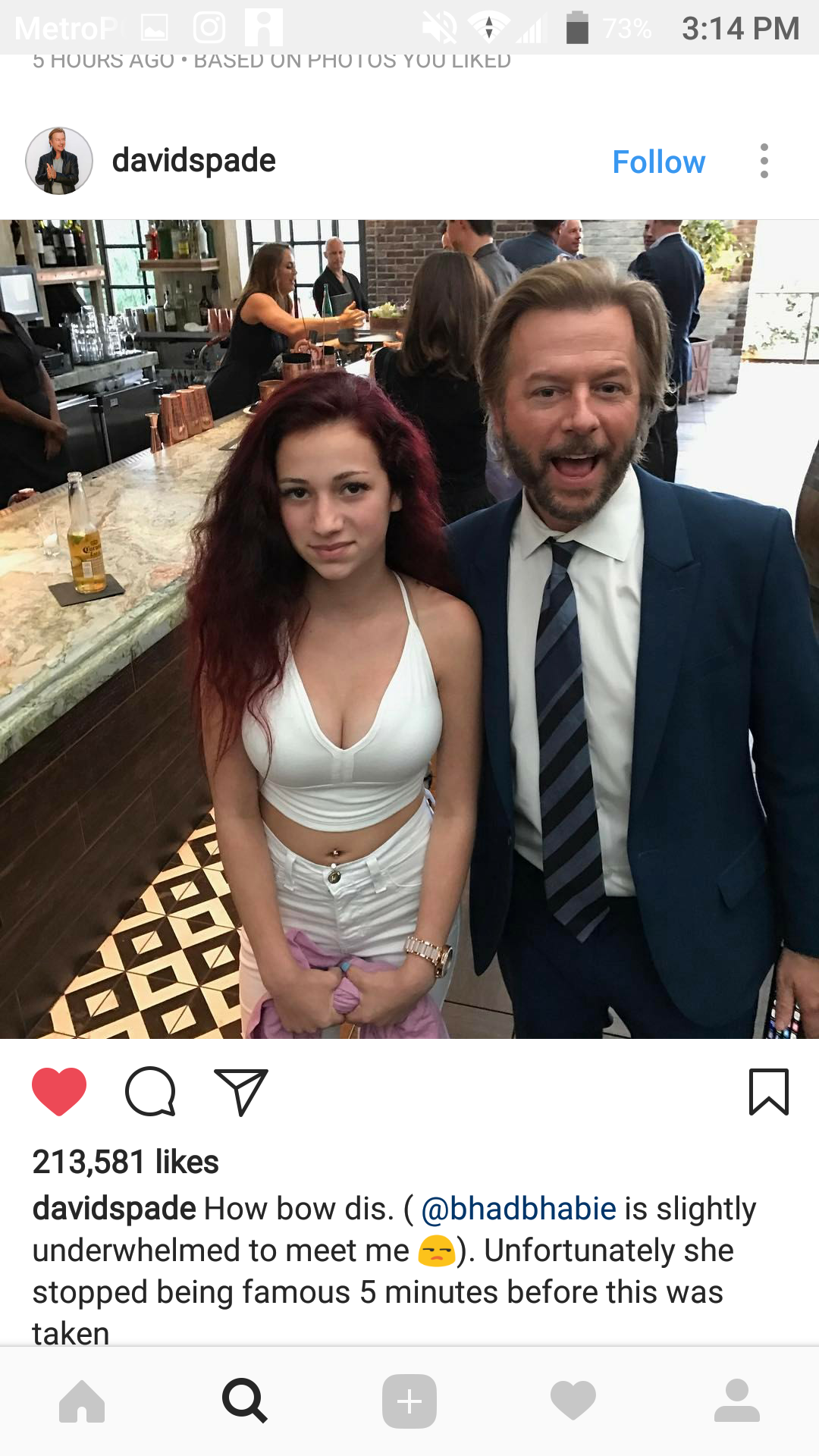 funny picture of David Spade meeting Bhad Bahbie without her knowing who he is