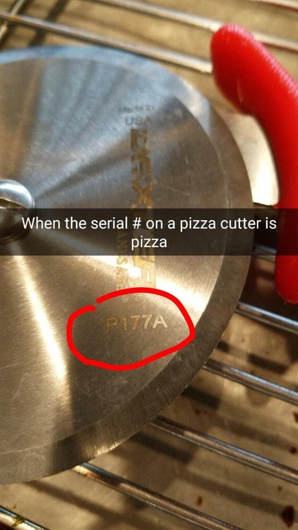 Pizza cutter that has a serial number that looks like the word pizza