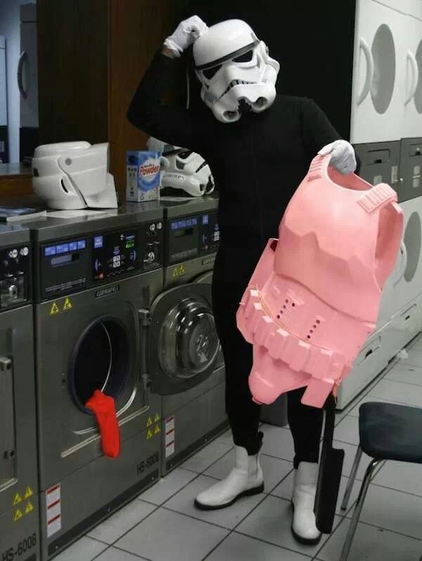 Storm trooper with a pink vest coming out of the wash.