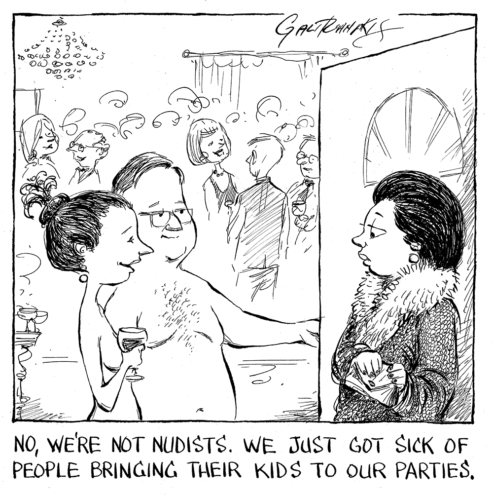Cartoon about party that is not nudist but they just wanted people to stop bringing their kids.