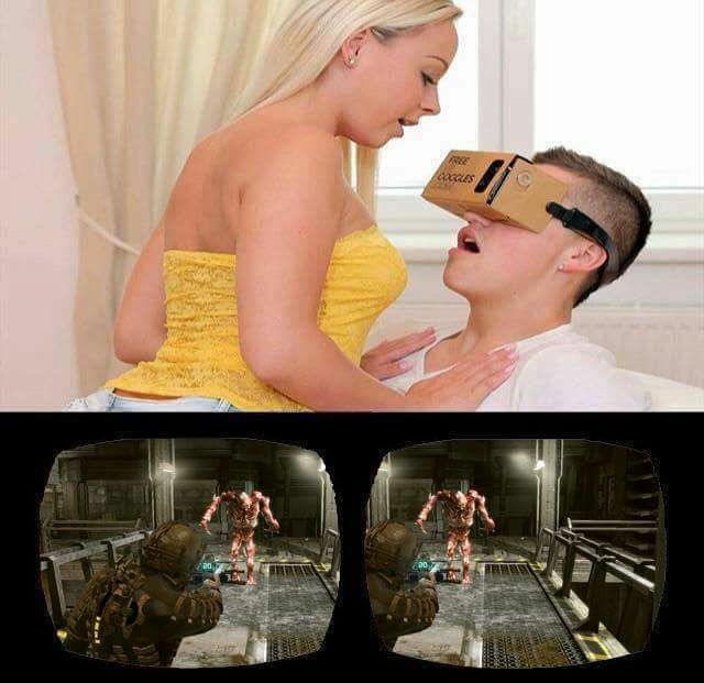 Meme about VR glasses and how the guy is with a girl but really playing video games.