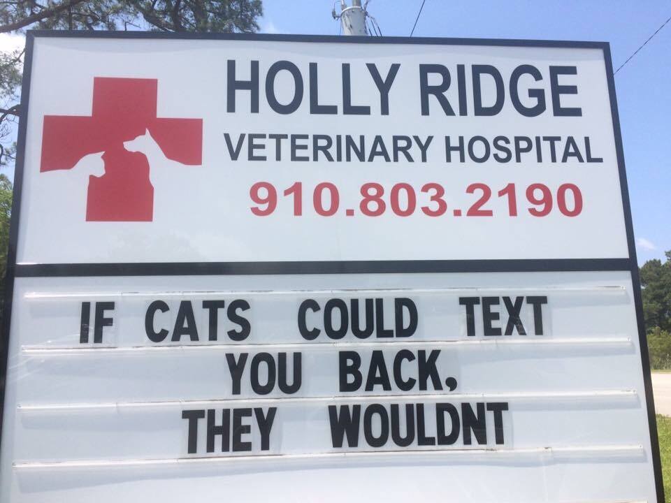 Veterinary Hospital sign saying that cat's wouldn't text you back if they could.