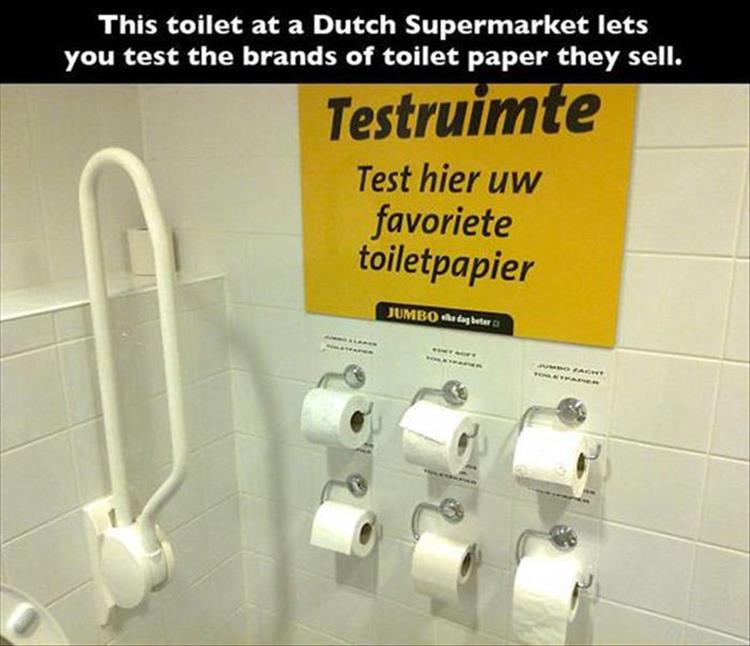 angle - This toilet at a Dutch Supermarket lets you test the brands of toilet paper they sell. Testruimte Test hier uw favoriete toiletpapier Jumbo ke dag beter