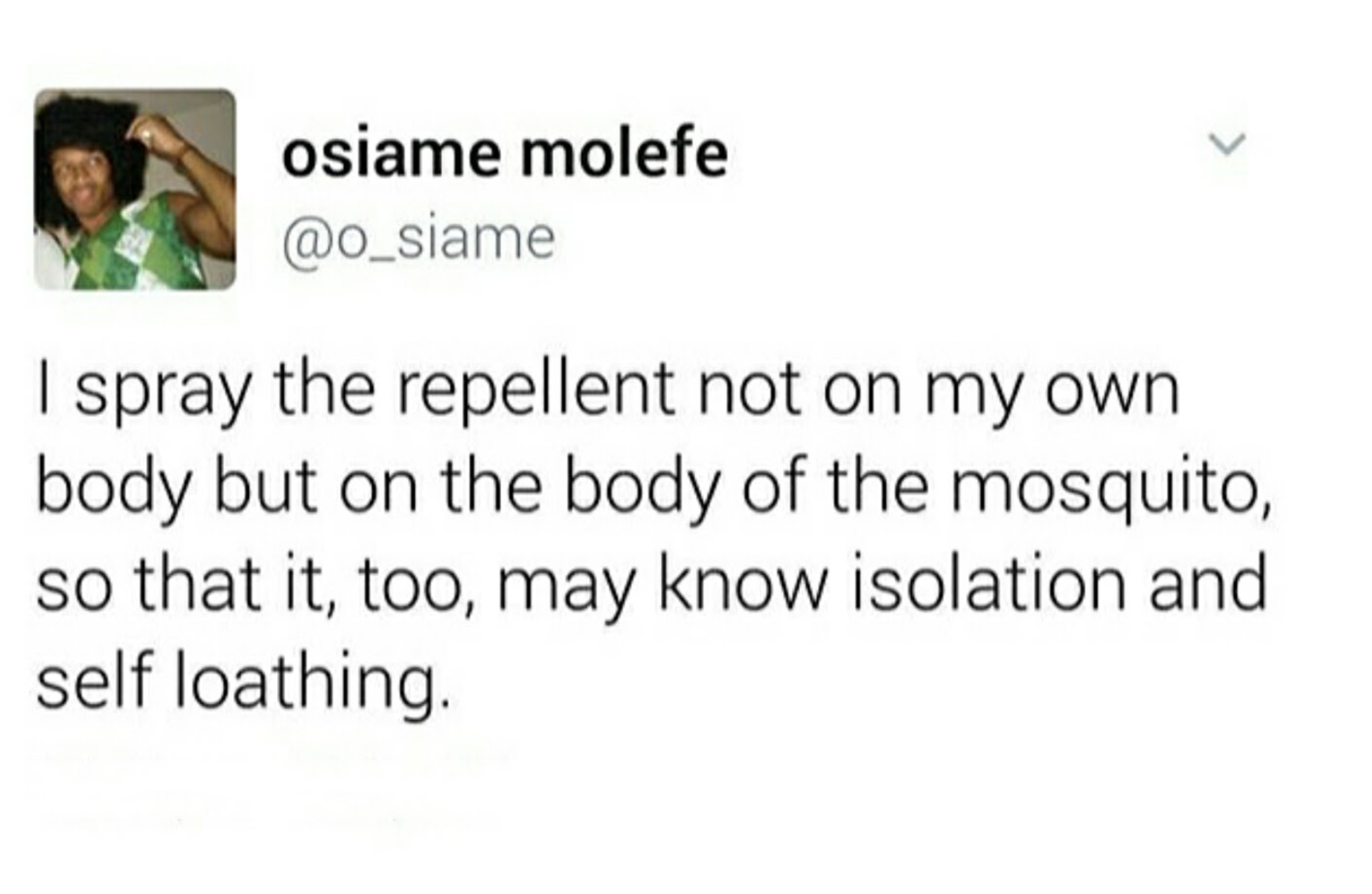 Laughter - osiame molefe I spray the repellent not on my own body but on the body of the mosquito, so that it, too, may know isolation and self loathing.