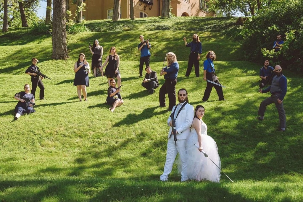 wedding photos guns and swords