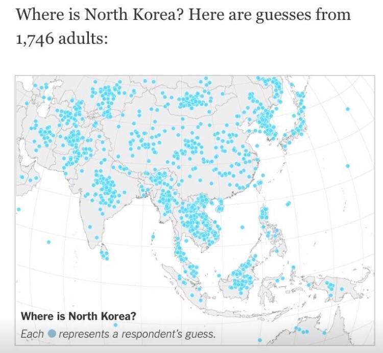 Where is North Korea? Here are guesses from 1,746 adults Where is North Korea? Each represents a respondent's guess.