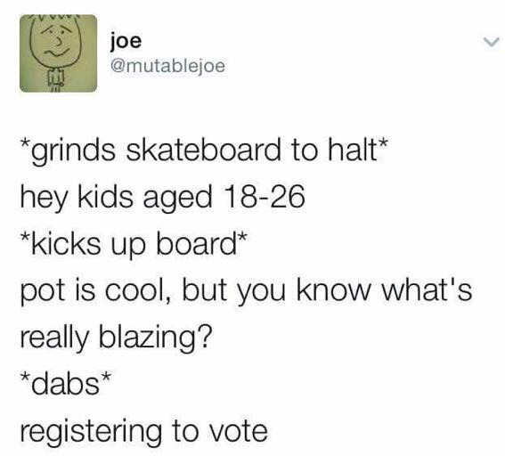 Alcoholic drink - joe grinds skateboard to halt hey kids aged 1826 kicks up board pot is cool, but you know what's really blazing? dabs registering to vote