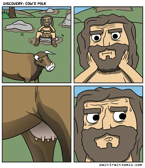 random discovery of milk - Discovery Cow'S Milk pain train comic.com