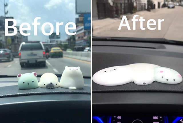 funny picture of cute cat dolls before and after they melted on the cars dashboard