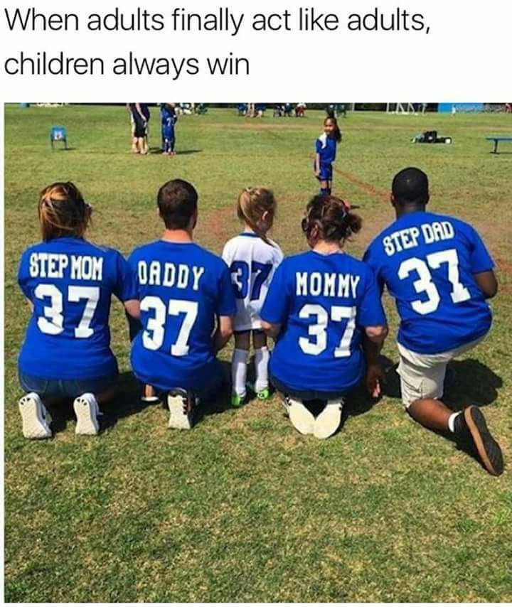 Wholesome meme of family of parents who are divorced and remarried showing support for this kid as 37