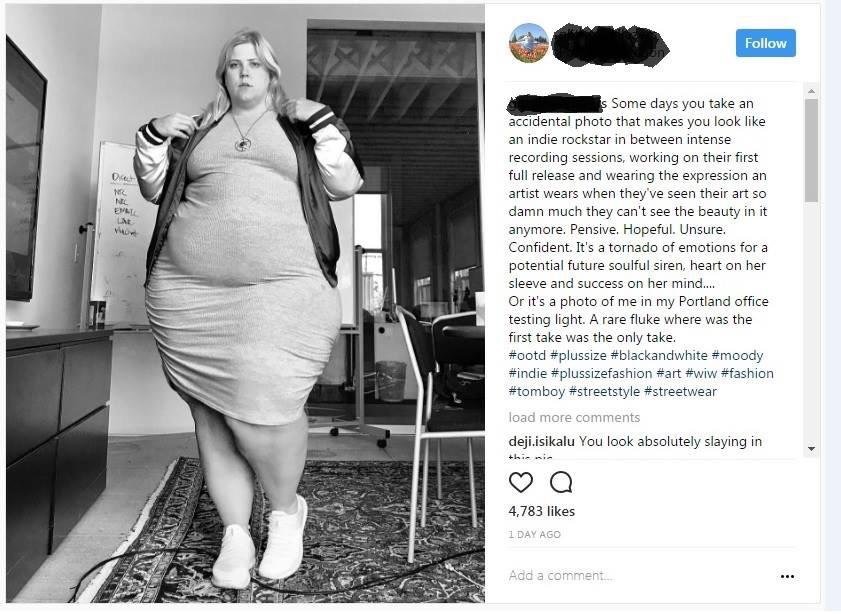 Woman bragging how awesome and confident she feels in pic in which she is enormous.