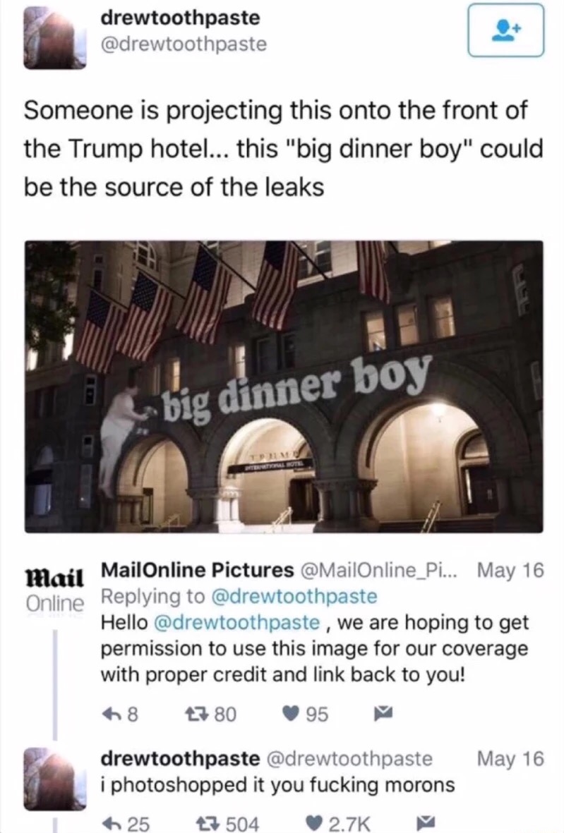 Crass photoshop that someone did against Trump showing Big Dinner Boy atop the restaurant he frequents and Mail Online requested to use the image from him, not realizing it is photo-shopped.