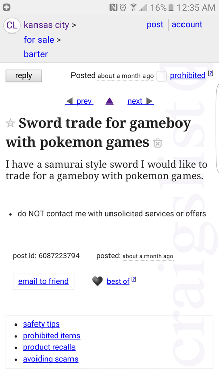 Craigslist post willing to trade a Sword for a game boy with pokemon