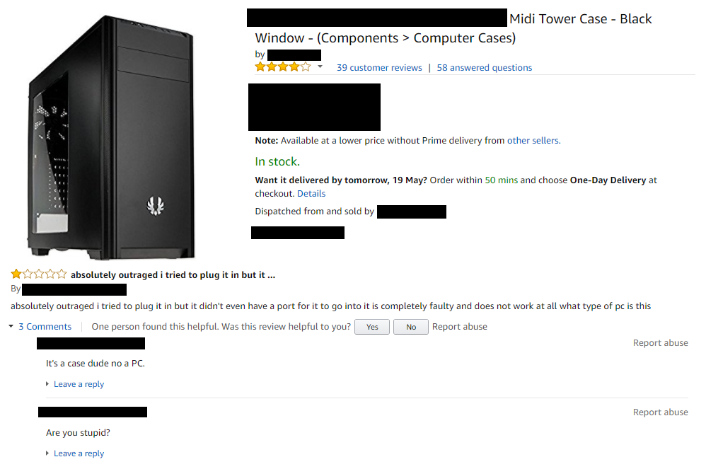 Amazon review totally unhappy that the computer case they bought is just a case and not a computer.