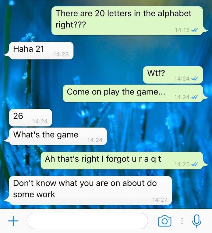 Whatsapp exchange of someone who doesn't know how many letters there are in the alphabet.