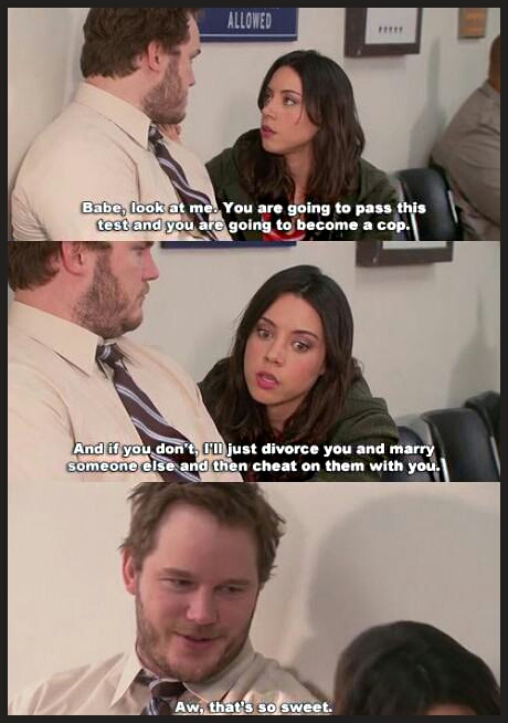 cool april and andy quotes - Allowed Babe, look at me. You are going to pass this test and you are going to become a cop. And if you don't, I'll just divorce you and marry someone else and then cheat on them with you. Aw, that's so sweet.