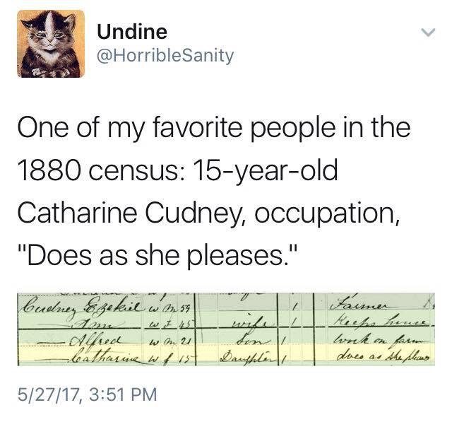 History - Undine One of my favorite people in the 1880 census 15yearold Catharine Cudney, occupation, "Does as she pleases." Cubrey Ezekil w1.55 batharine w ist Bauflet | 52717,