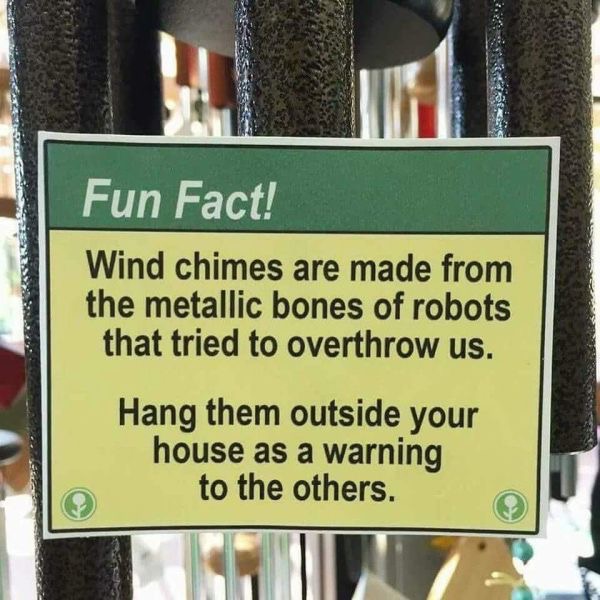 fun fact wind chimes - Fun Fact! Wind chimes are made from the metallic bones of robots that tried to overthrow us. Hang them outside your house as a warning to the others.