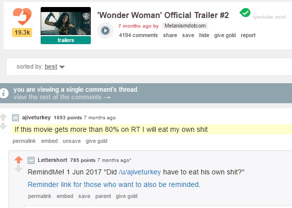 web page - 'Wonder Woman' Official Trailer youtube.com 7 months ago by Melanismdotcom 4194 save hide give gold report trailers sorted by best A U you are viewing a single comment's thread. view the rest of the ajiveturkey 1693 points 7 months ago If this 