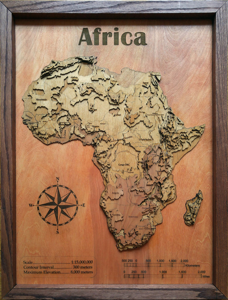 3d map wooden - Africa 500 250 0 500 1.000 1.500 Scale...... .......... ,000,000 Contour Interval.................. 300 meters Maximum Elevation......... 8,000 meters 2,000 Kilometers 1,500 2.000 Miles 0 250 500 1.000