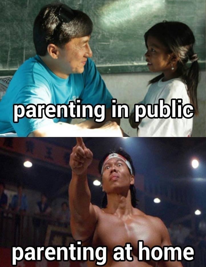 funny parenting meme - parenting in public parenting at home